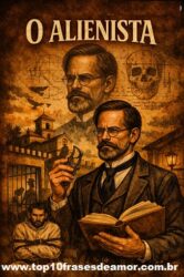 O Alienista Ilustração conceitual inspirada em O Alienista, de Machado de Assis, mostrando um médico do século XIX com expressão séria, segurando um livro e um instrumento de medição diante de um manicômio, simbolizando o conflito entre ciência e loucura.