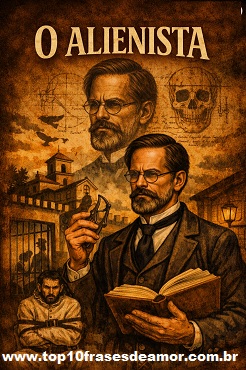 Ilustração conceitual inspirada em O Alienista, de Machado de Assis, mostrando um médico do século XIX com expressão séria, segurando um livro e um instrumento de medição diante de um manicômio, simbolizando o conflito entre ciência e loucura.