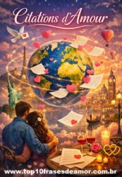 Citations d’Amour Citations d’Amour — une illustration romantique montrant un couple regardant le monde, entouré de cœurs et de lettres d’amour reliant les cultures.