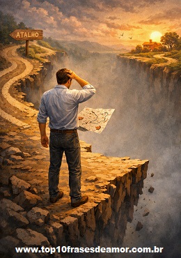 Homem parado à beira de um penhasco segurando um mapa de atalhos, olhando para um caminho distante iluminado pelo sol, simbolizando que a pressa é inimiga do final feliz.