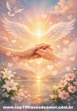 Oração de Quem Ama - Mãos entrelaçadas irradiando luz dourada sob asas angelicais, com pombas e flores ao redor, simbolizando paz, amor e esperança.