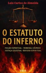 O Estatuto do Inferno de Luiz Carlos de Almeida, capa do livro com balança dourada da justiça sobre chamas, simbolizando tribunal cósmico e julgamento espiritual.