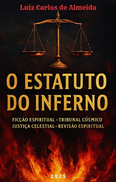 O Estatuto do Inferno de Luiz Carlos de Almeida, capa do livro com balança dourada da justiça sobre chamas, simbolizando tribunal cósmico e julgamento espiritual.