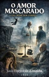 O Amor Mascarado O Amor Mascarado – Um Crime Sem Corpo, capa do livro de Luiz Carlos de Almeida, mostrando cenas dramáticas de conflito, justiça e dor, com atmosfera sombria e tribunal espiritual."