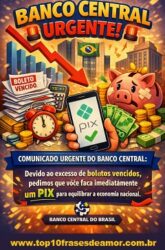 Banco Central Urgente! — Ilustração satírica e colorida mostrando um comunicado fictício do Banco Central do Brasil. No topo, o título aparece em letras grandes e vibrantes com sirenes vermelhas piscando. Ao fundo, o prédio do Banco Central e gráficos em queda simbolizam a crise. Em primeiro plano, há uma pilha de boletos vencidos, um porquinho cofrinho rachado e um celular exibindo o logo do PIX com um sinal verde de confirmação. Moedas e notas de reais espalham-se ao redor, enquanto uma faixa azul destaca o texto: “Devido ao excesso de boletos vencidos, pedimos que você faça imediatamente um PIX para equilibrar a economia nacional.” O cenário é divertido e exagerado, transmitindo humor e urgência de forma leve. 