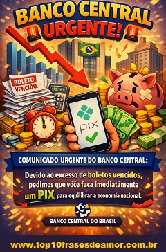 Banco Central Urgente! — Ilustração satírica e colorida mostrando um comunicado fictício do Banco Central do Brasil. No topo, o título aparece em letras grandes e vibrantes com sirenes vermelhas piscando. Ao fundo, o prédio do Banco Central e gráficos em queda simbolizam a crise. Em primeiro plano, há uma pilha de boletos vencidos, um porquinho cofrinho rachado e um celular exibindo o logo do PIX com um sinal verde de confirmação. Moedas e notas de reais espalham-se ao redor, enquanto uma faixa azul destaca o texto: “Devido ao excesso de boletos vencidos, pedimos que você faça imediatamente um PIX para equilibrar a economia nacional.” O cenário é divertido e exagerado, transmitindo humor e urgência de forma leve.