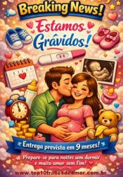 Projeto bebê em andamento Projeto bebê em andamento! — Ilustração alegre e colorida mostrando um casal sorridente celebrando a chegada do primeiro filho. No centro, há um teste de gravidez positivo e um calendário com um coração marcando a data prevista. Ao redor, elementos fofos como sapatinhos de bebê, mamadeira, ursinho e corações flutuantes reforçam o clima de amor e expectativa. O fundo em tons suaves de rosa e azul transmite ternura e felicidade, simbolizando o início de uma nova fase cheia de emoção.