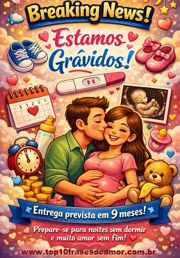Projeto bebê em andamento! — Ilustração alegre e colorida mostrando um casal sorridente celebrando a chegada do primeiro filho. No centro, há um teste de gravidez positivo e um calendário com um coração marcando a data prevista. Ao redor, elementos fofos como sapatinhos de bebê, mamadeira, ursinho e corações flutuantes reforçam o clima de amor e expectativa. O fundo em tons suaves de rosa e azul transmite ternura e felicidade, simbolizando o início de uma nova fase cheia de emoção.