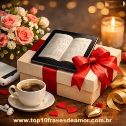 Amor em Palavras - Arranjo romântico com caixa de presente embrulhada em papel creme e laço vermelho, sobre a qual repousa um e‑reader aberto. Ao redor, café quente, smartphone com fones, rosas delicadas, vela acesa e corações vermelhos, criando atmosfera acolhedora e amorosa.