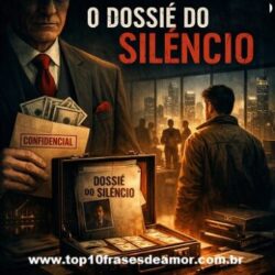 O Dossiê do silêncio - Ilustração digital de atmosfera corporativa e sombria para o artigo O Dossiê do Silêncio. Um homem elegante segura um envelope marcado ‘Confidencial’, enquanto outro observa uma cidade iluminada através de janelas amplas. No centro, uma pasta aberta revela dinheiro e um dossiê com o título do artigo, simbolizando poder, silêncio e manipulação empresarial.