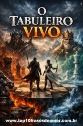 O Tabuleiro Vivo - Ilustração de fantasia mostrando Rafael e Luna em um tabuleiro de xadrez mágico, cercados por lava e gelo, enfrentando dois reis colossais sob um céu tempestuoso. O título O Tabuleiro Vivo aparece acima em letras brilhantes.