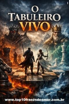 O Tabuleiro Vivo - Ilustração de fantasia mostrando Rafael e Luna em um tabuleiro de xadrez mágico, cercados por lava e gelo, enfrentando dois reis colossais sob um céu tempestuoso. O título O Tabuleiro Vivo aparece acima em letras brilhantes.