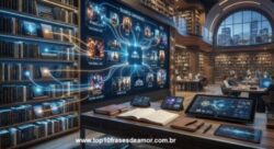 O Futuro do Streaming no Brasil O Futuro do Streaming no Brasil - Biblioteca moderna conectando livros, roteiros e plataformas de streaming, representando a transformação de propriedades intelectuais em séries e filmes.