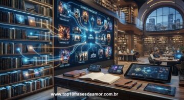 O Futuro do Streaming no Brasil - Biblioteca moderna conectando livros, roteiros e plataformas de streaming, representando a transformação de propriedades intelectuais em séries e filmes.