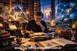 Inteligência Artificial Inteligência Artificial - Escritor em biblioteca futurista cercado por livros clássicos, manuscritos e tecnologia moderna, simbolizando criatividade e inovação literária.